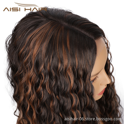 Afro Heat Resistant Friendly Cheapest Natural Mixed Black Brown Long Deep Wave Synthetic Hair Wigs Lace Front